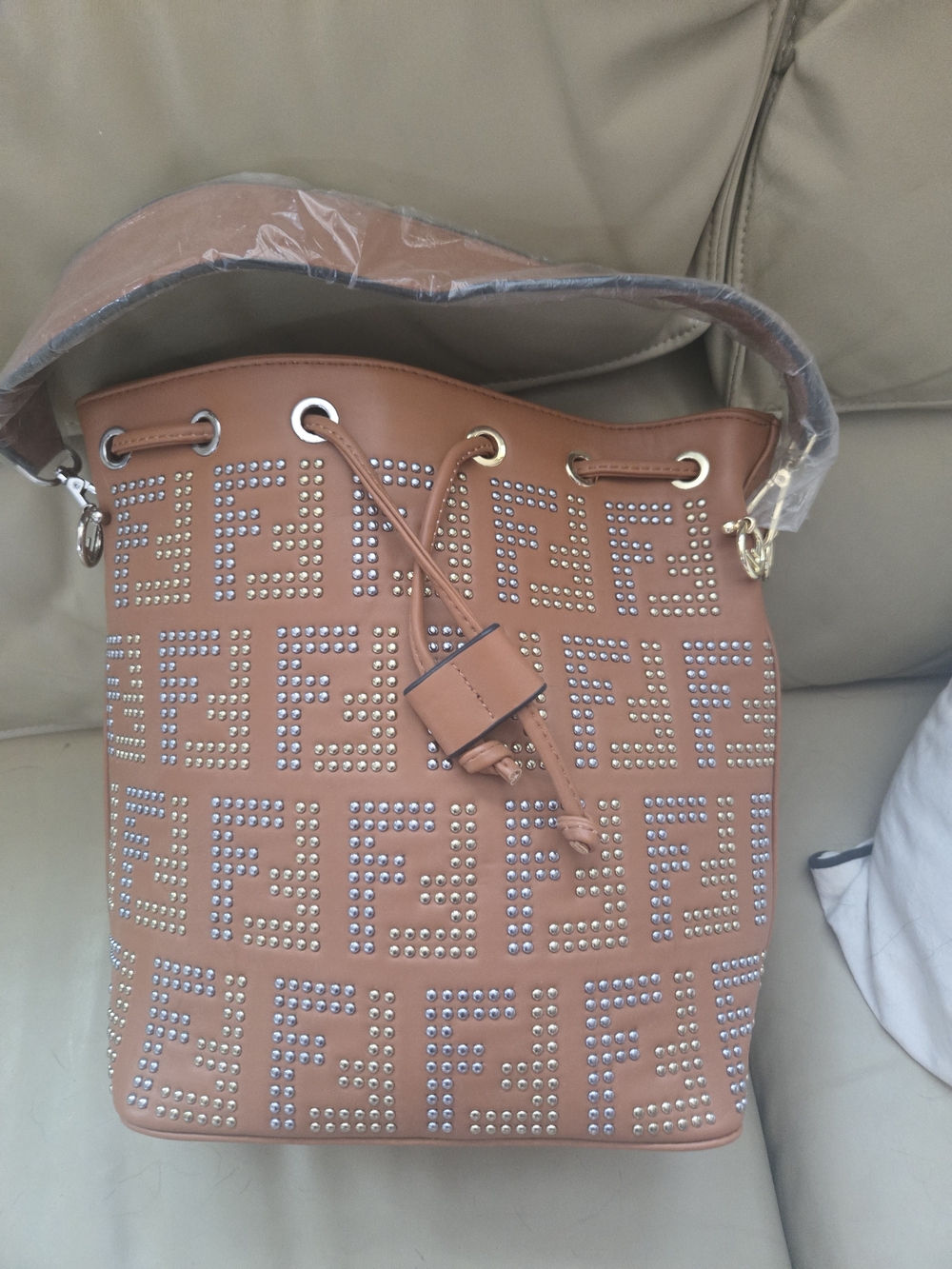Studded Bucket Hobo Bag in Cognac - Fashion Logo Pattern